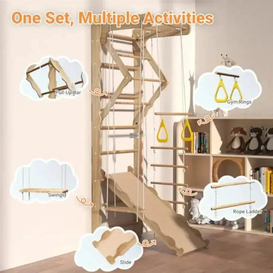 Wooden Indoor Jungle Gym With Wall Mounted Swedish Ladder - ToylandEU