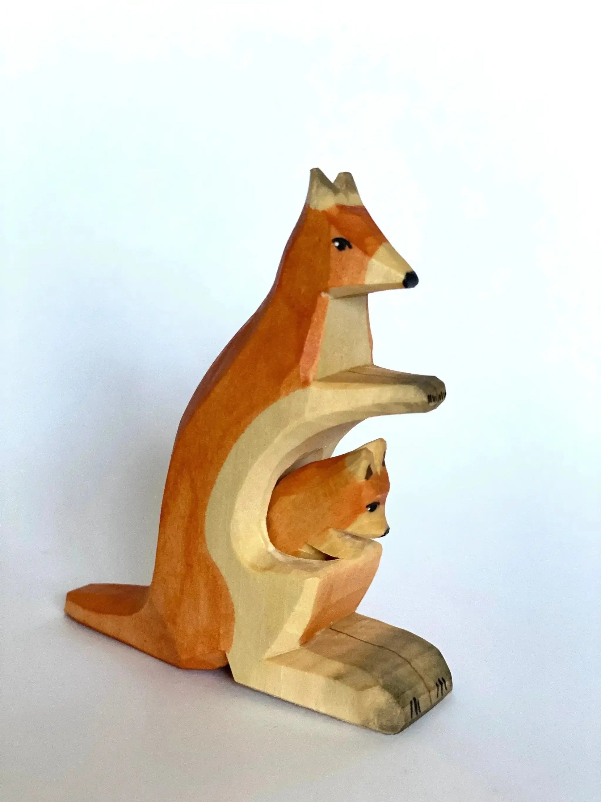 Handcrafted Wooden Kangaroo Figurine With Baby In Pouch - ToylandEU