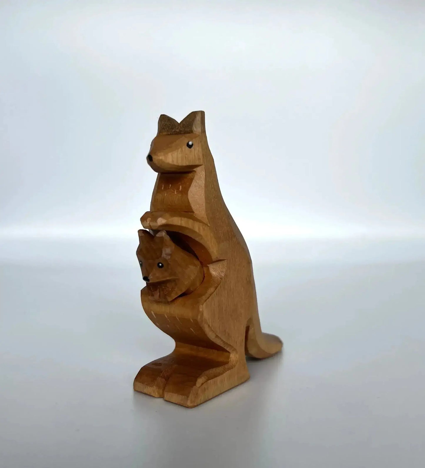 Handcrafted Wooden Kangaroo Figurine With Baby In Pouch - ToylandEU