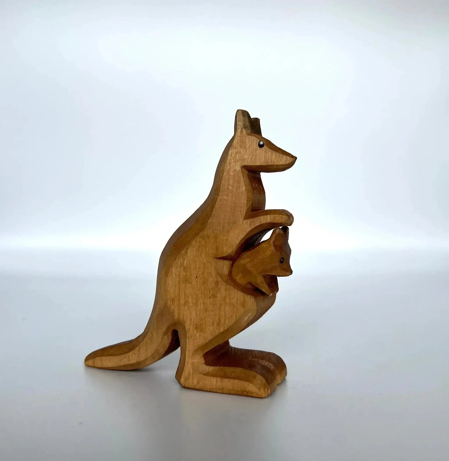Handcrafted Wooden Kangaroo Figurine With Baby In Pouch - ToylandEU