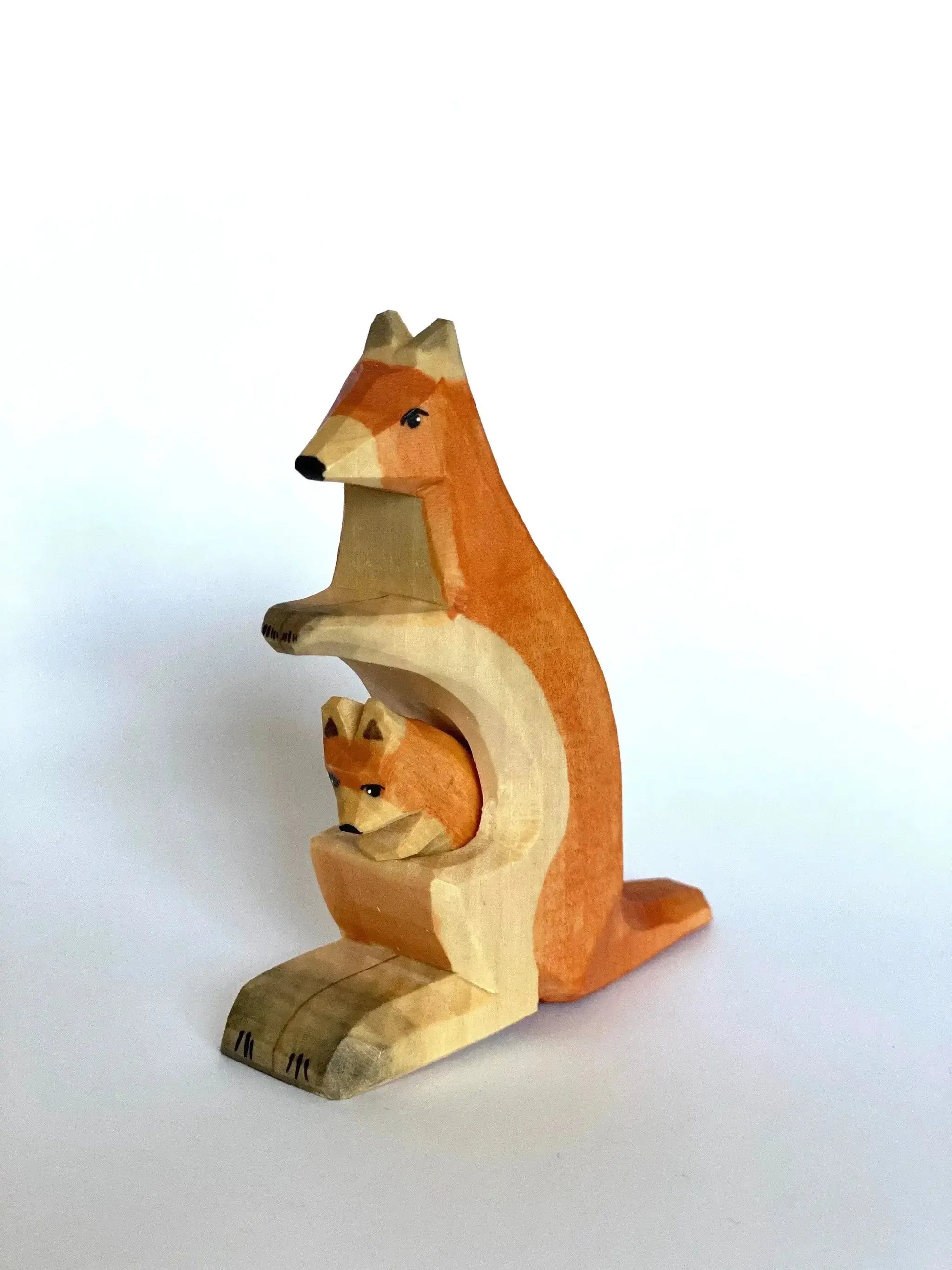 Handcrafted Wooden Kangaroo Figurine With Baby In Pouch - ToylandEU