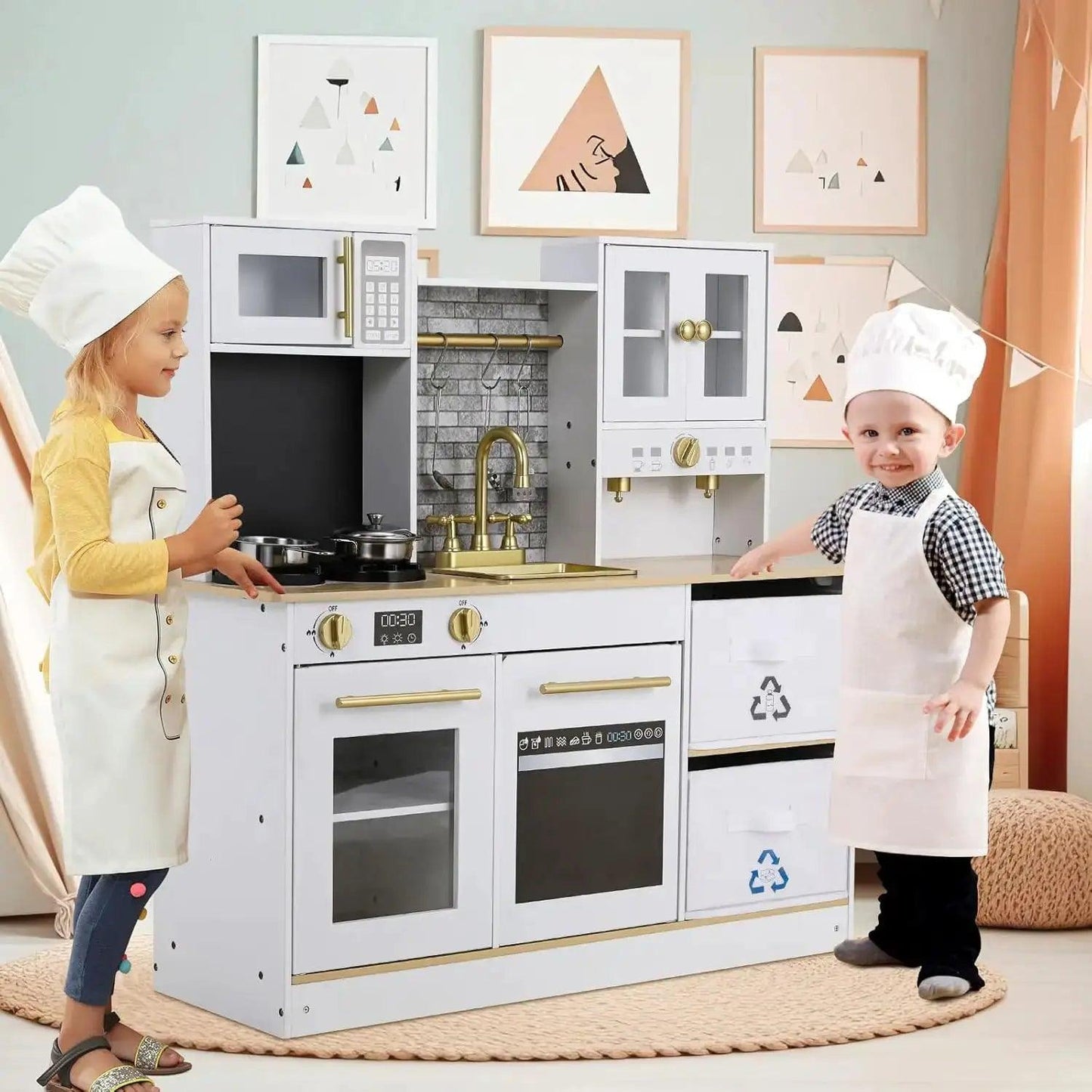  Wooden Kids Play Kitchen Set Stove Light Microwave -  ToylandEU™