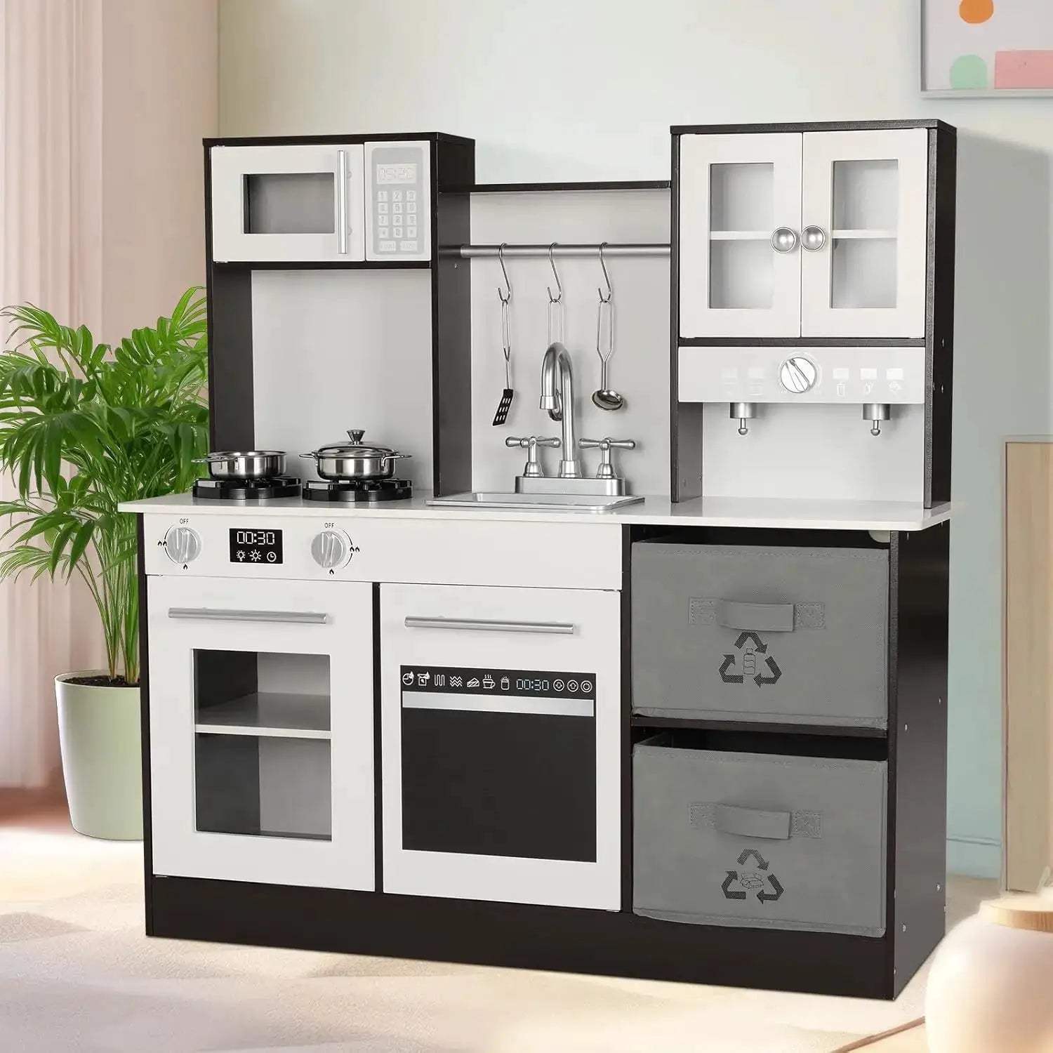 Wooden Kids Play Kitchen Set Stove Light Microwave -  ToylandEU™
