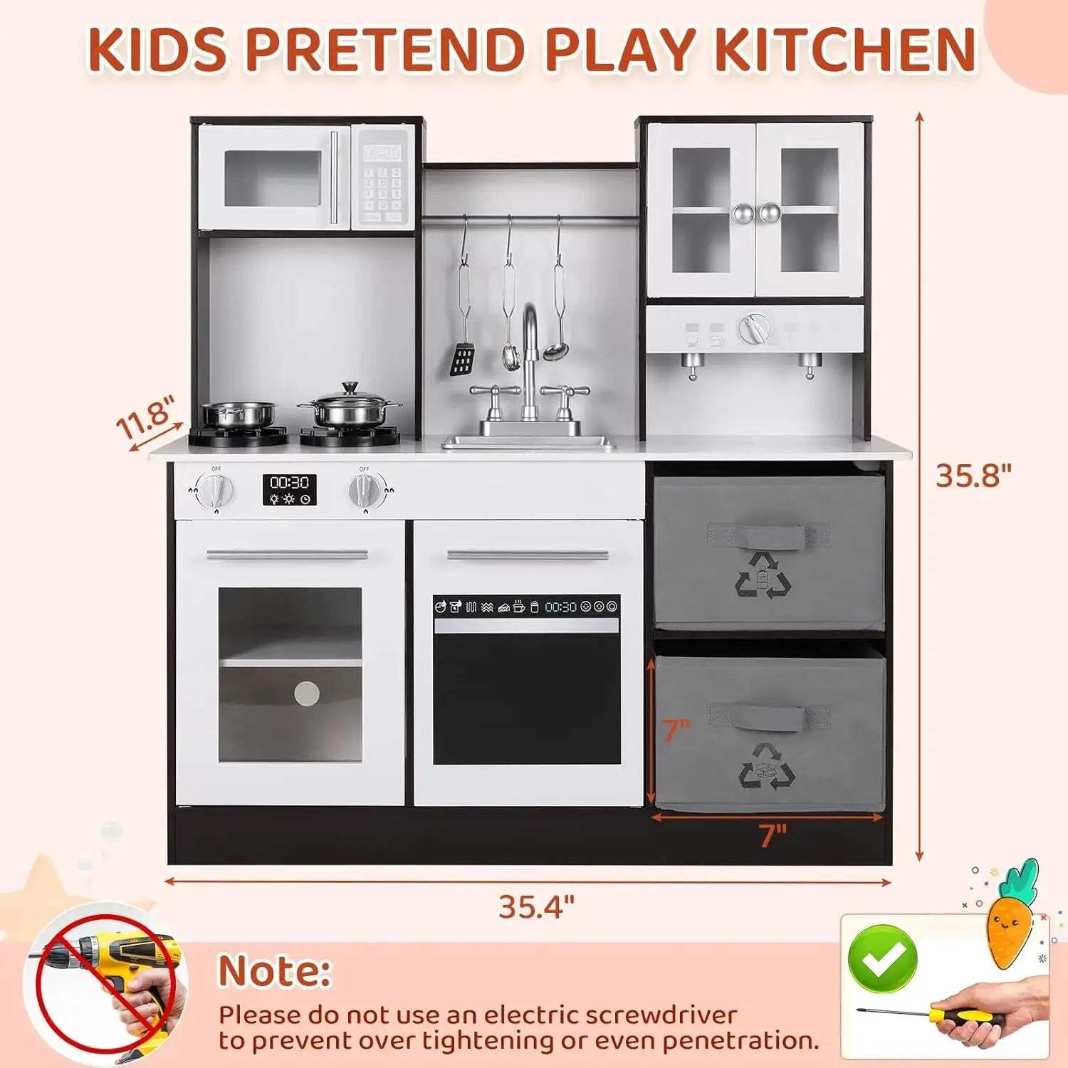  Wooden Kids Play Kitchen Set Stove Light Microwave -  ToylandEU™