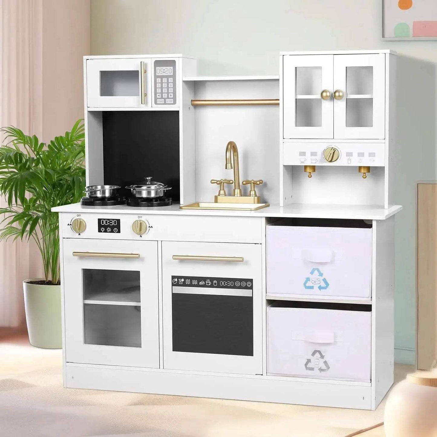  Wooden Kids Play Kitchen Set Stove Light Microwave -  ToylandEU™