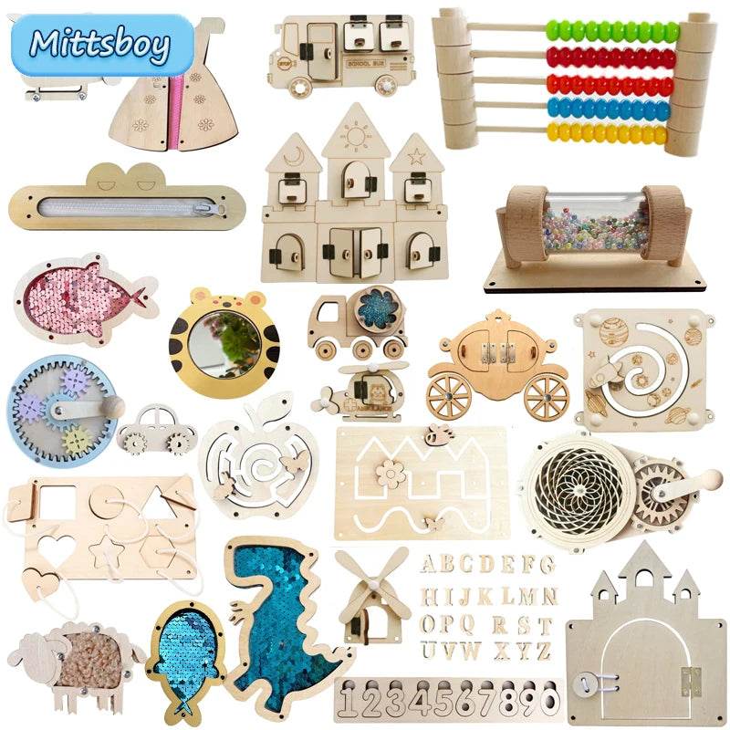 2024 Baby DIY Montessori Busy Board Wooden Accessories Castle Animal Letters Number Movement Educational Toys for Children Gifts - ToylandEU
