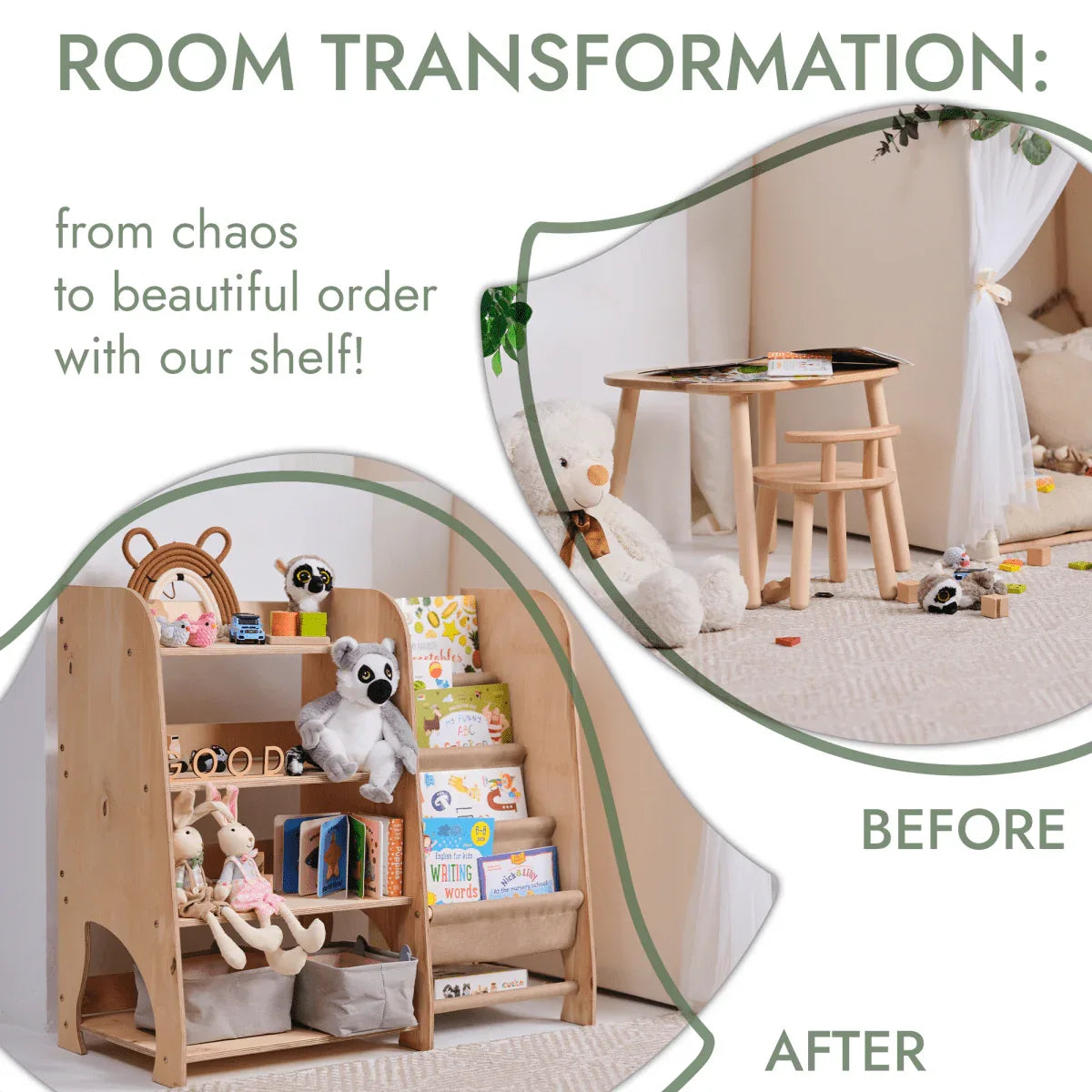 Wooden Montessori Shelves for Toddler 2in1: Bookshelf & Toy Shelving - ToylandEU