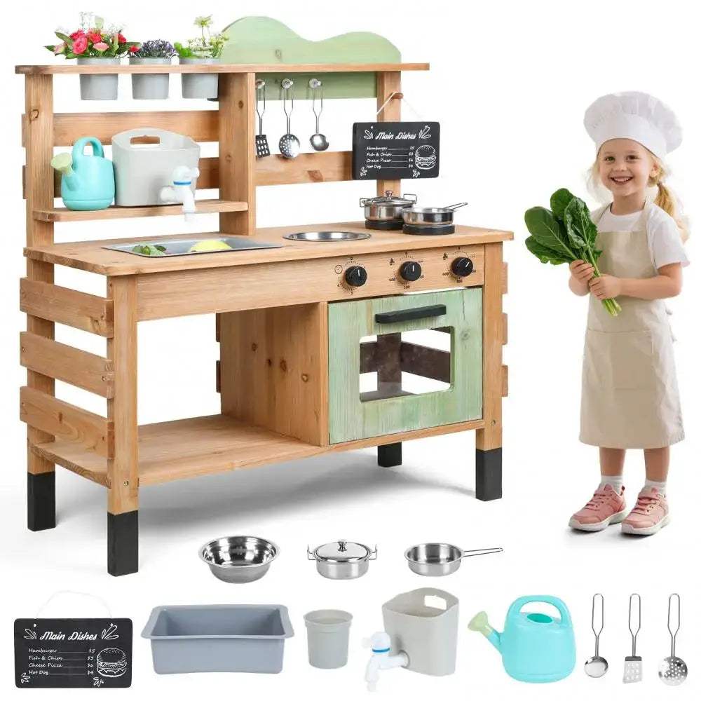  Wooden Outdoor Mud Kitchen Playset Realistic Faucet -  ToylandEU™