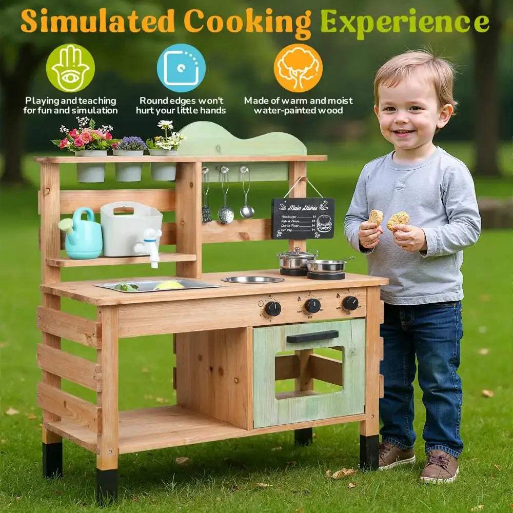  Wooden Outdoor Mud Kitchen Playset Realistic Faucet -  ToylandEU™