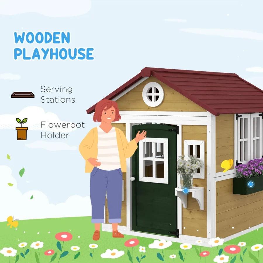  Wooden Outdoor Playhouse For Kids Doors Windows Planter -  ToylandEU™