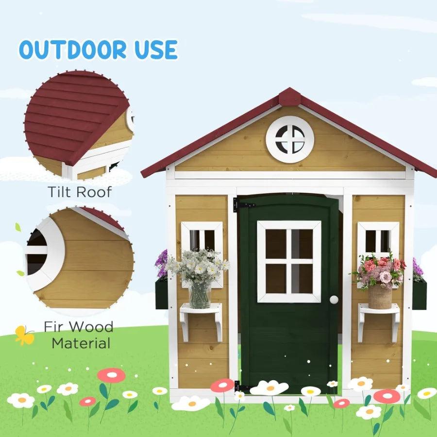  Wooden Outdoor Playhouse For Kids Doors Windows Planter -  ToylandEU™