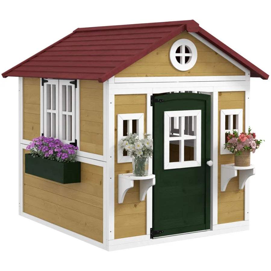  Wooden Outdoor Playhouse For Kids Doors Windows Planter -  ToylandEU™