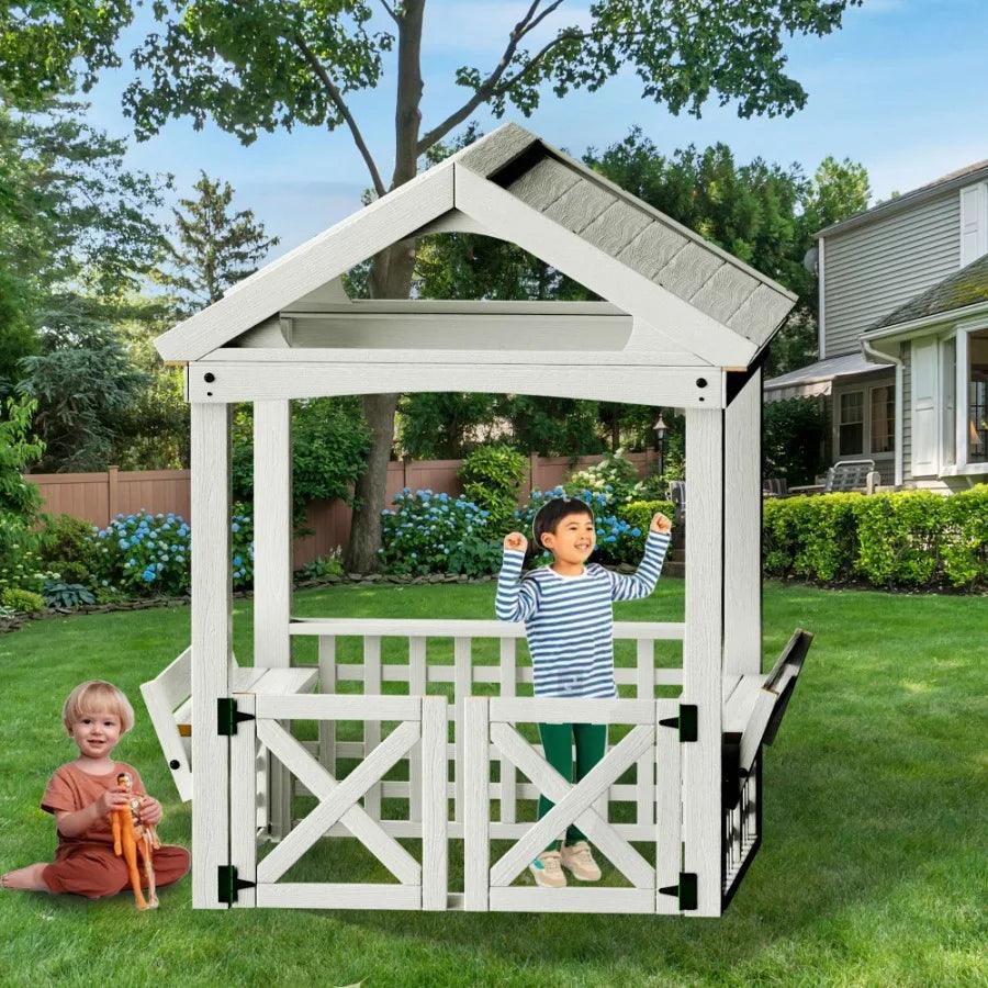  Durable Wooden Outdoor Playhouse With Built In Bench -  ToylandEU™