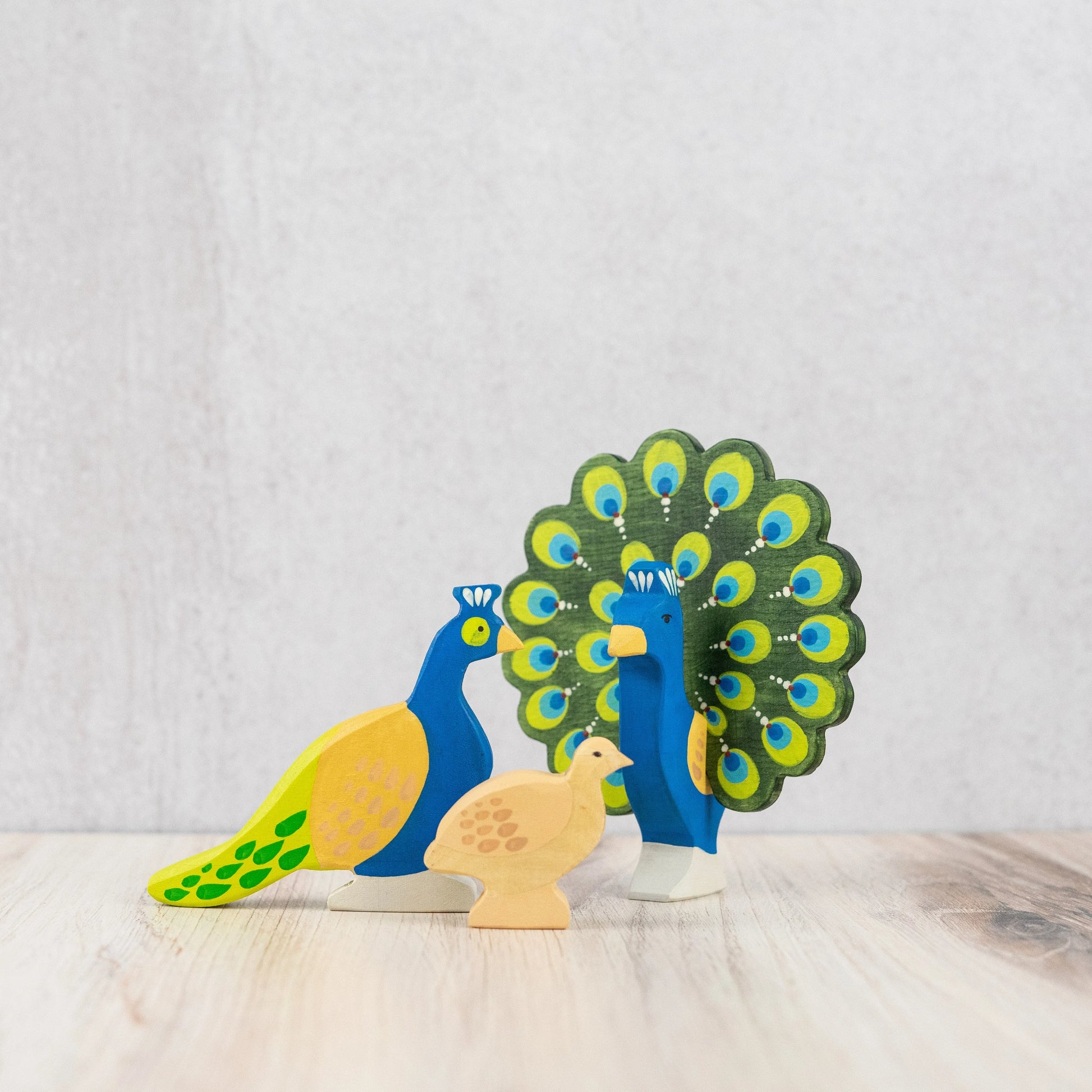 Wooden Peacock Family Toy Set Hand Painted Colorful Feathers - ToylandEU