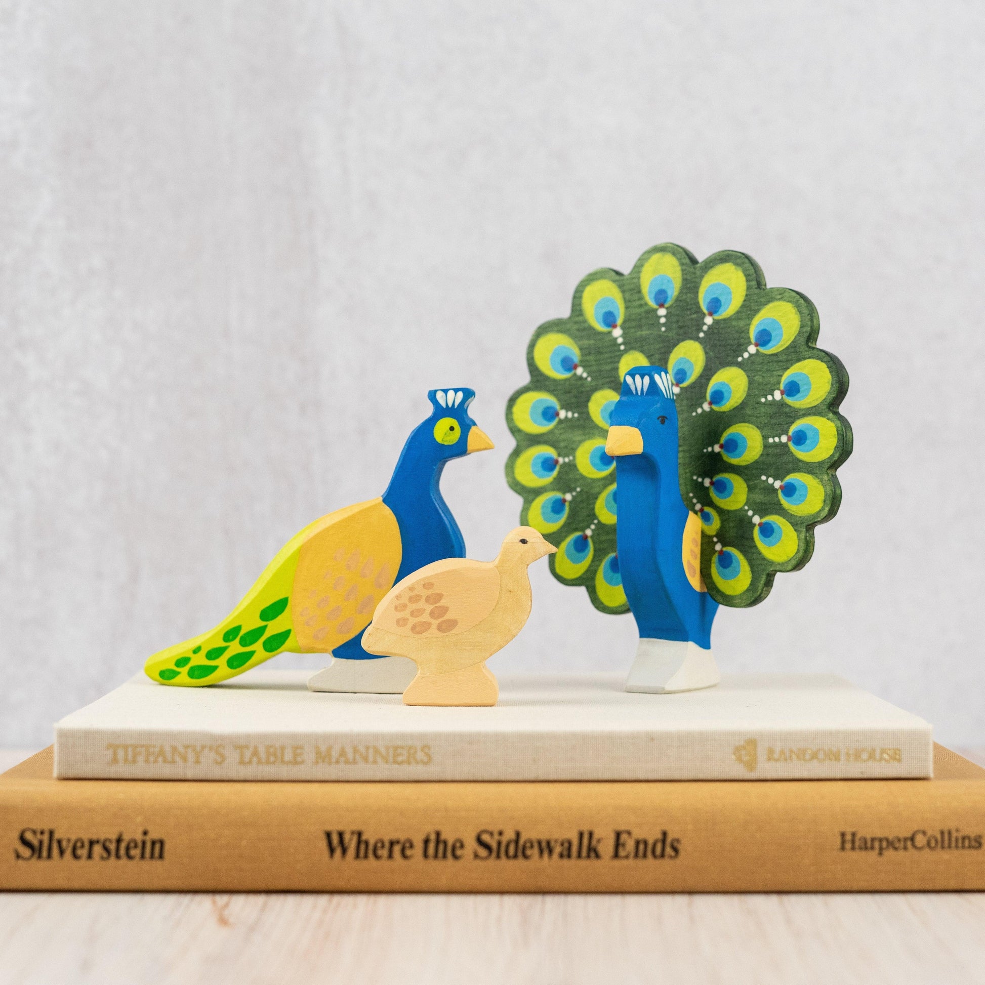 Wooden Peacock Family Toy Set Hand Painted Colorful Feathers - ToylandEU