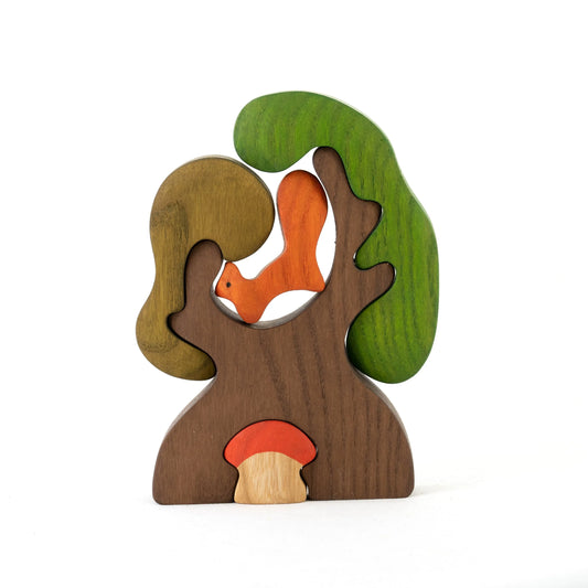 Wooden Puzzle Tree With Squirrel And Mushroom Color Learning - ToylandEU