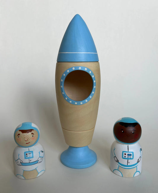 Wooden Rocket Ship Toy With Astronaut Figurine Hand Painted Detailing - ToylandEU