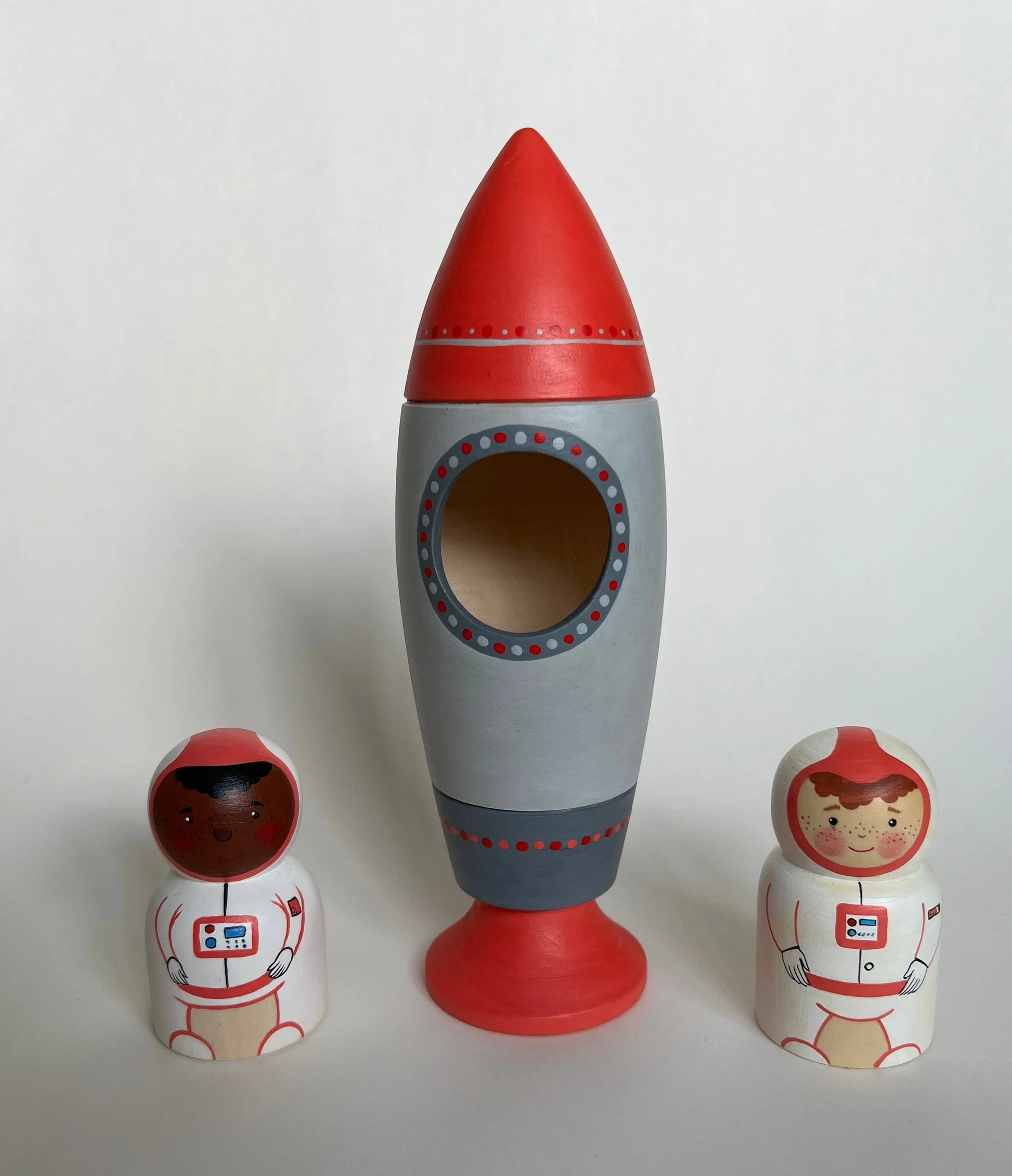 Wooden Rocket Ship Toy With Astronaut Figurine Hand Painted Detailing - ToylandEU