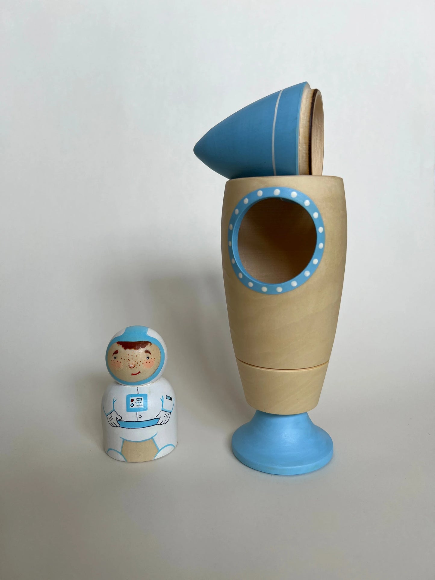 Wooden Rocket Ship Toy With Astronaut Figurine Hand Painted Detailing - ToylandEU