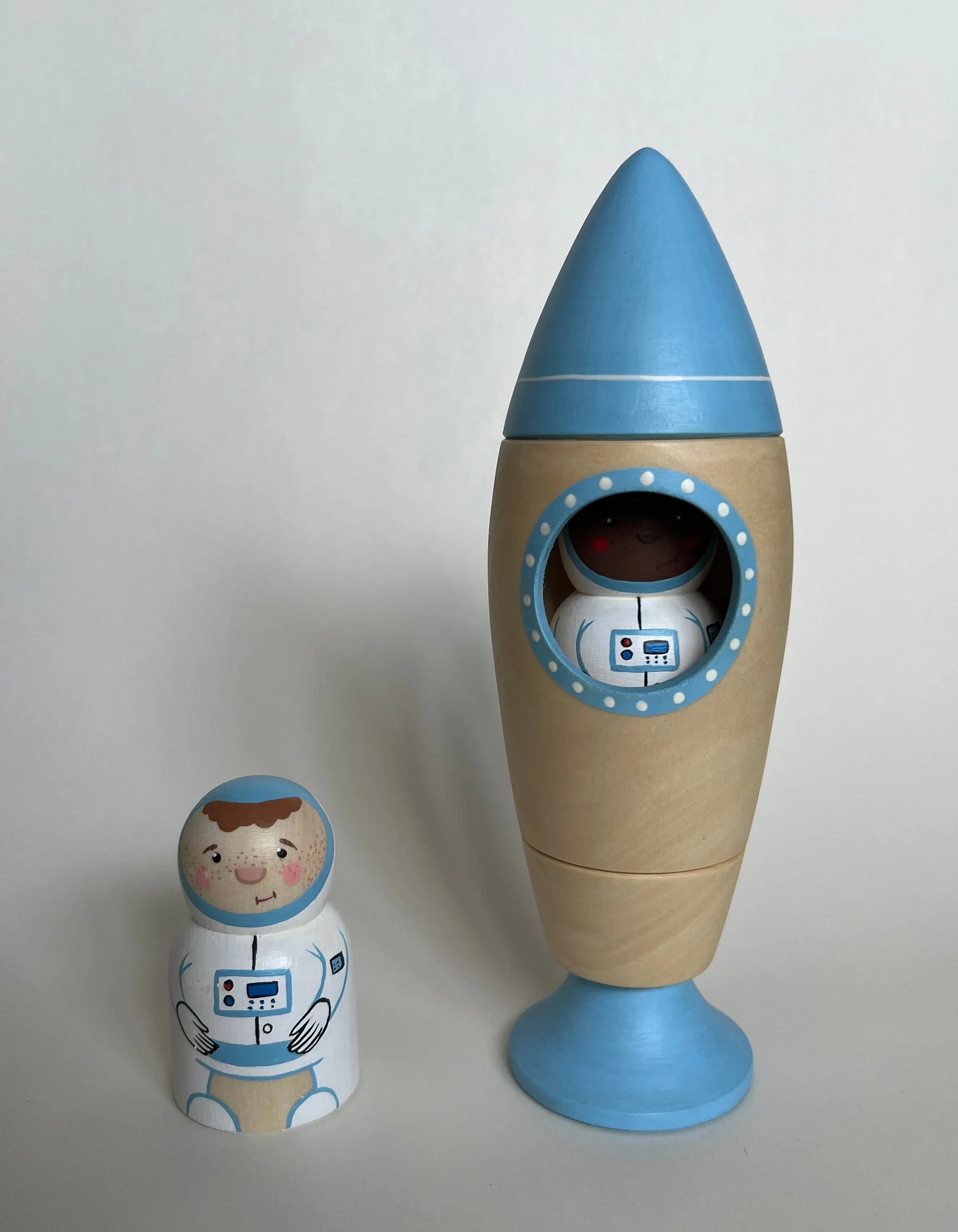 Wooden Rocket Ship Toy With Astronaut Figurine Hand Painted Detailing - ToylandEU