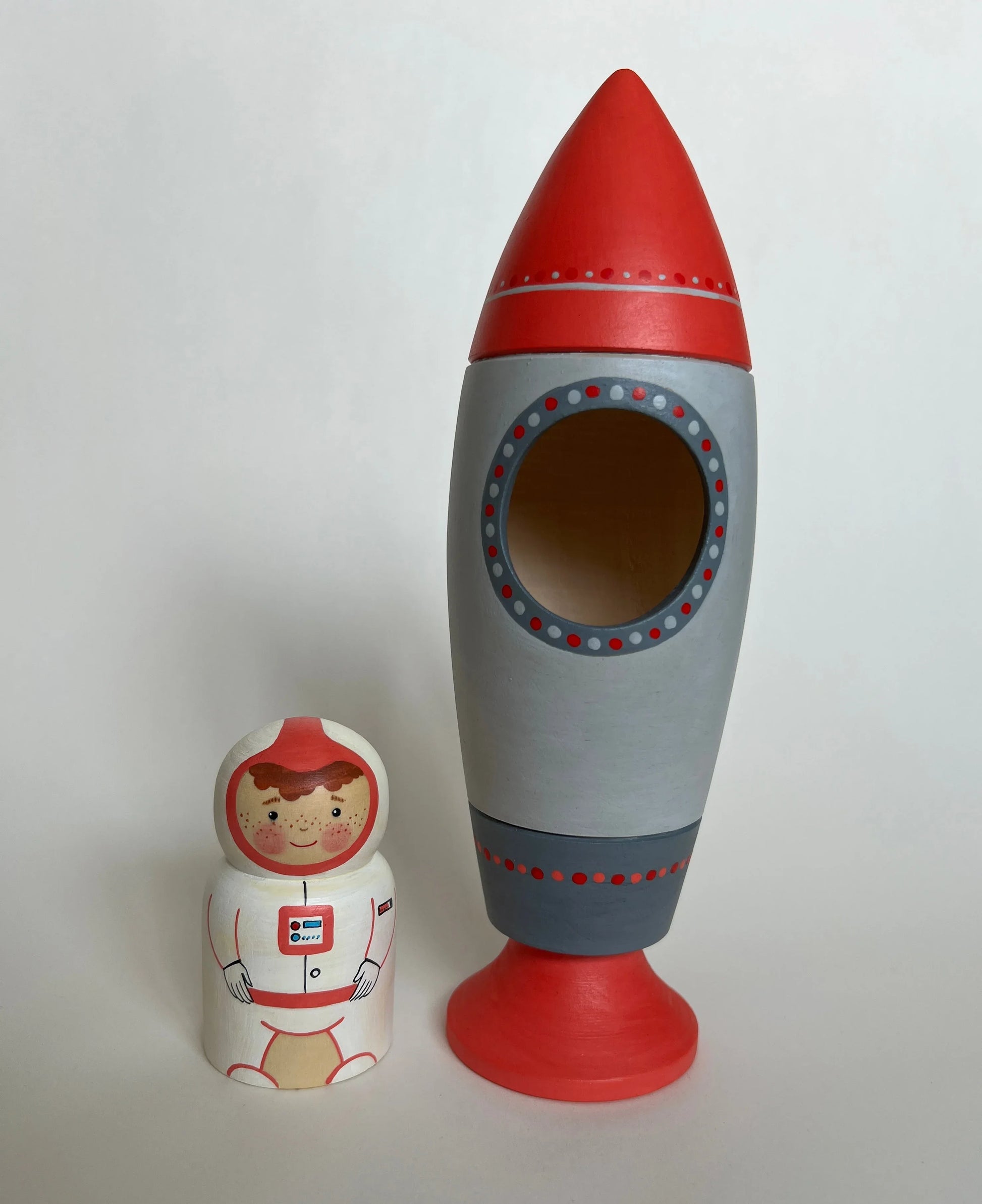 Wooden Rocket Ship Toy With Astronaut Figurine Hand Painted Detailing - ToylandEU