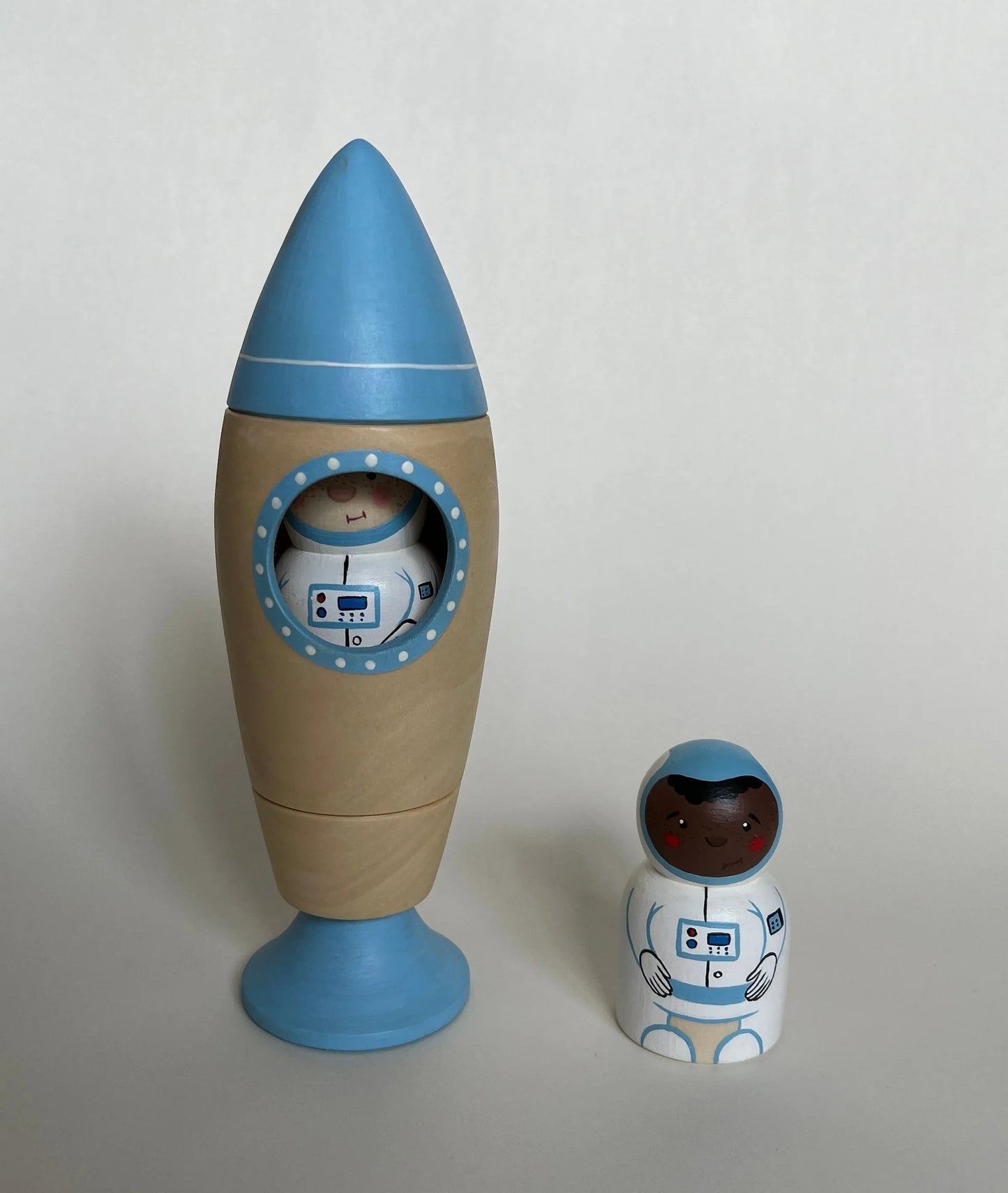 Wooden Rocket Ship Toy With Astronaut Figurine Hand Painted Detailing - ToylandEU
