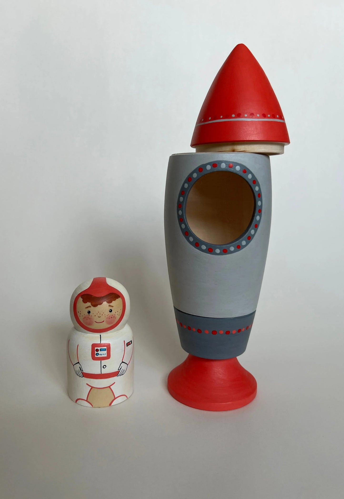 Wooden Rocket Ship Toy With Astronaut Figurine Hand Painted Detailing - ToylandEU