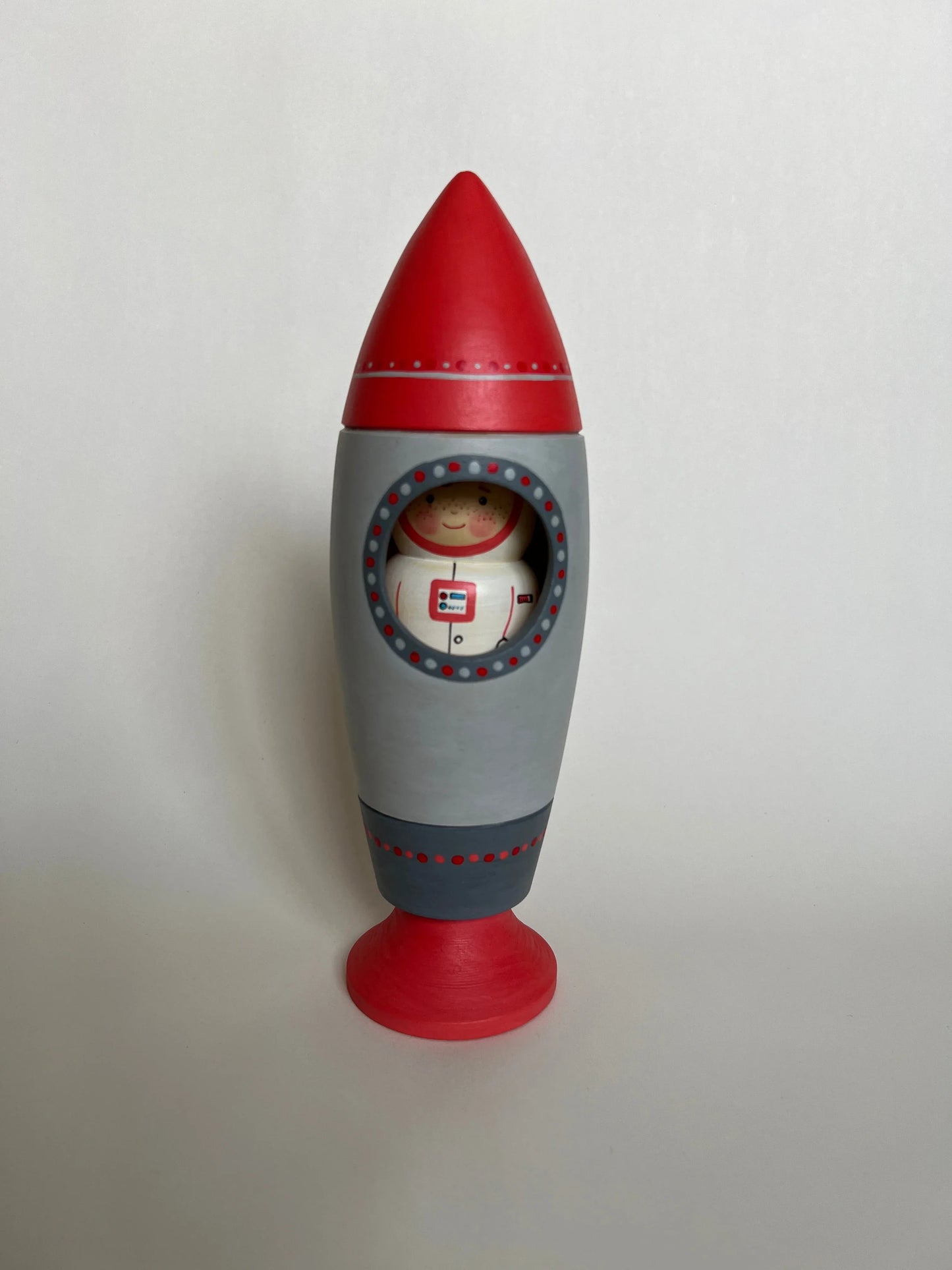 Wooden Rocket Ship Toy With Astronaut Figurine Hand Painted Detailing - ToylandEU