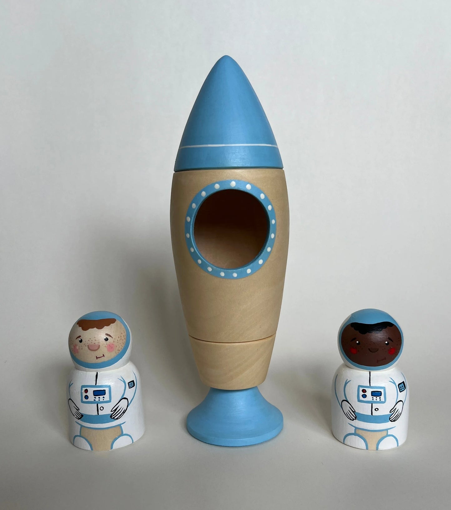 Wooden Rocket Ship Toy With Astronaut Figurine Hand Painted Detailing - ToylandEU