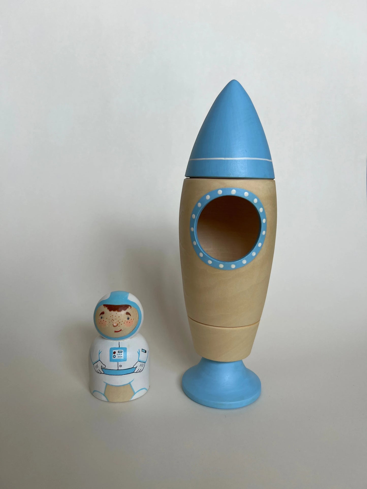 Wooden Rocket Ship Toy With Astronaut Figurine Hand Painted Detailing - ToylandEU