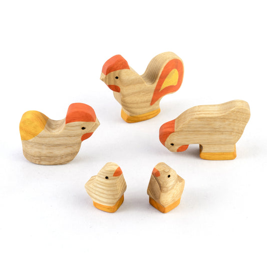 Wooden Rooster And Chickens Waldorf Toy Set Hand Carved - ToylandEU