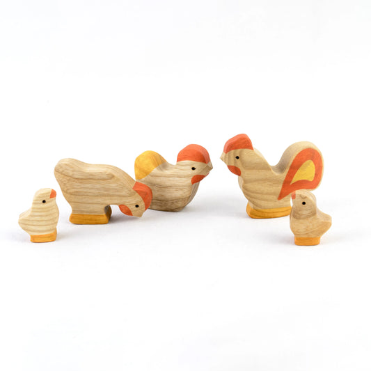 Wooden Rooster And Chickens Waldorf Toy Set Hand Carved - ToylandEU