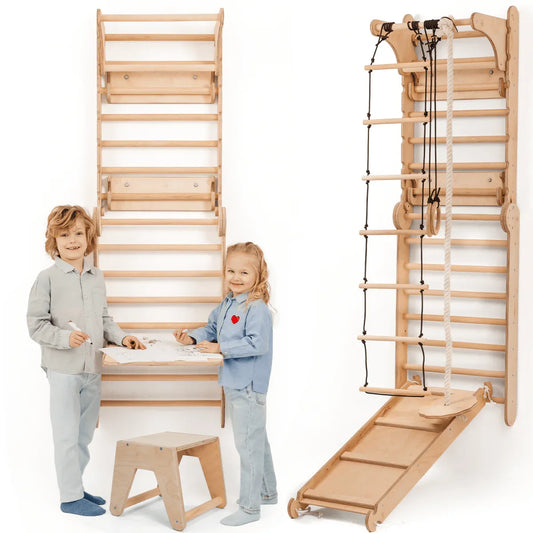 Wooden Swedish Wall / Climbing ladder for Children + Swing Set + Slide Board + Art Add-on - ToylandEU