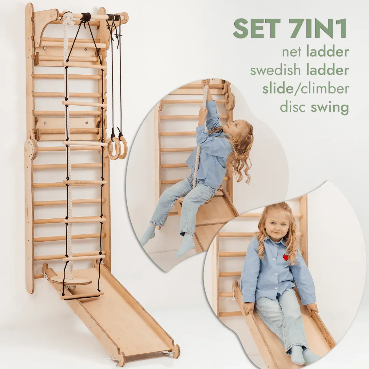 Wooden Swedish Wall / Climbing ladder for Children + Swing Set + Slide Board + Art Add-on - ToylandEU