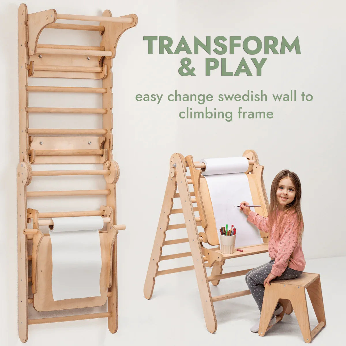 Wooden Swedish Wall / Climbing ladder for Children + Swing Set + Slide Board + Art Add-on - ToylandEU