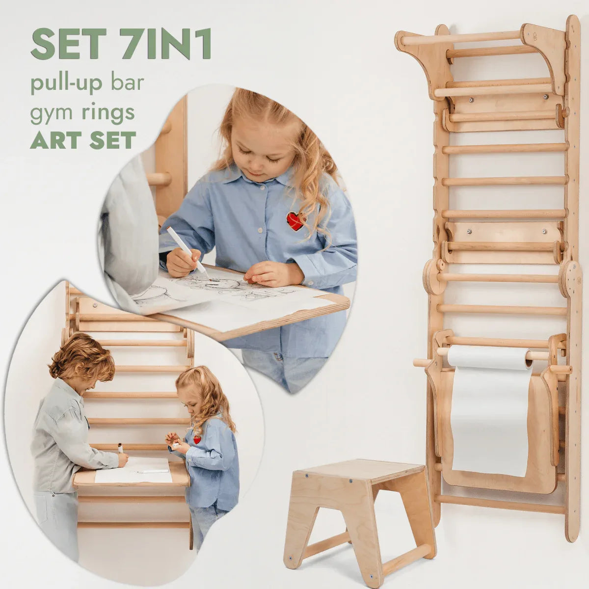 Wooden Swedish Wall / Climbing ladder for Children + Swing Set + Slide Board + Art Add-on - ToylandEU