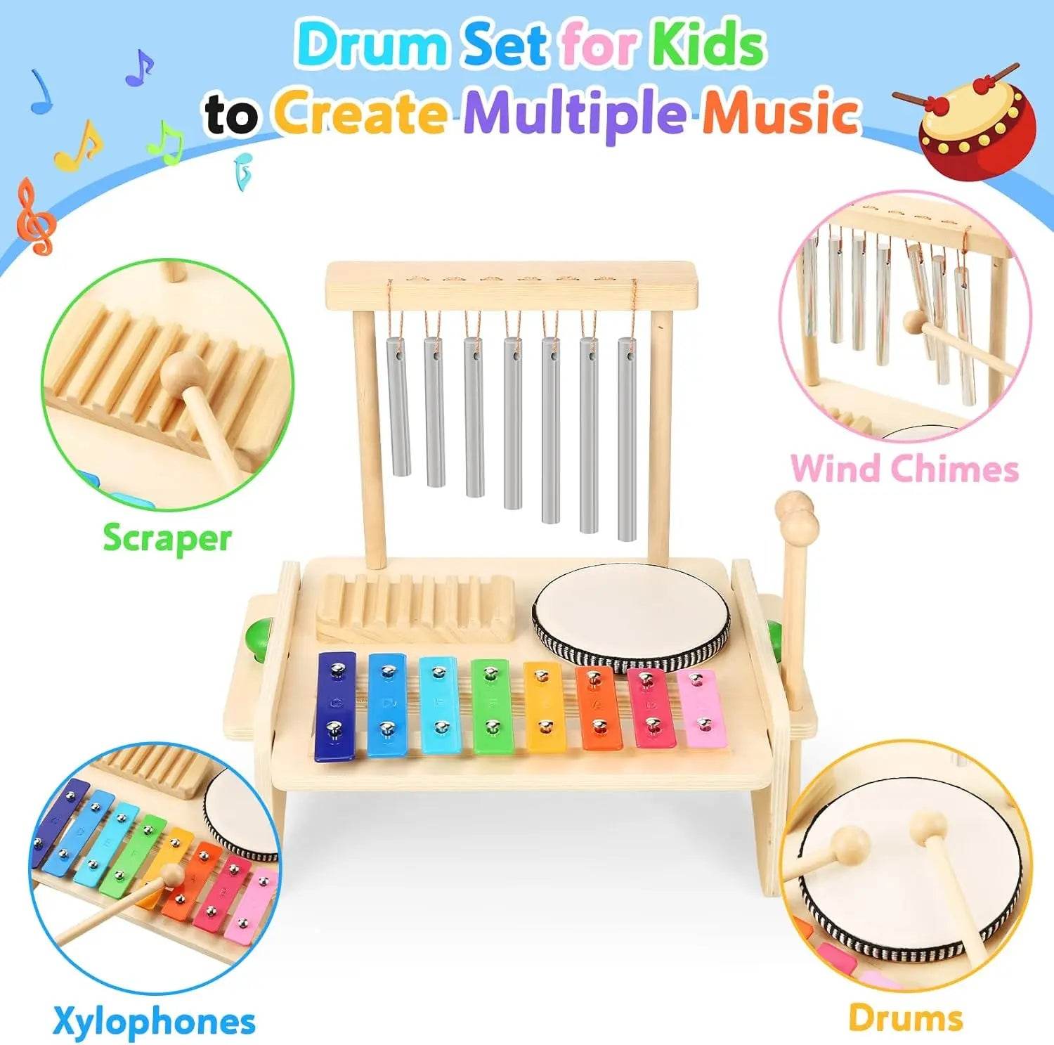 Kids Drum Set For Toddler Musical Instrument Toys Montessori Wooden Percussion Drum Sensory Xylophone Kit Educational Toys - ToylandEU