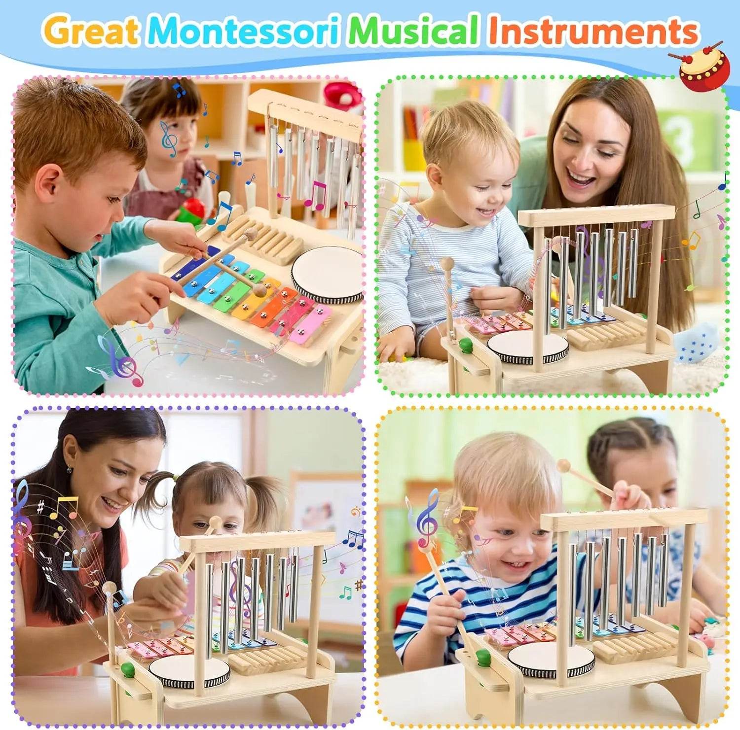 Kids Drum Set For Toddler Musical Instrument Toys Montessori Wooden Percussion Drum Sensory Xylophone Kit Educational Toys - ToylandEU