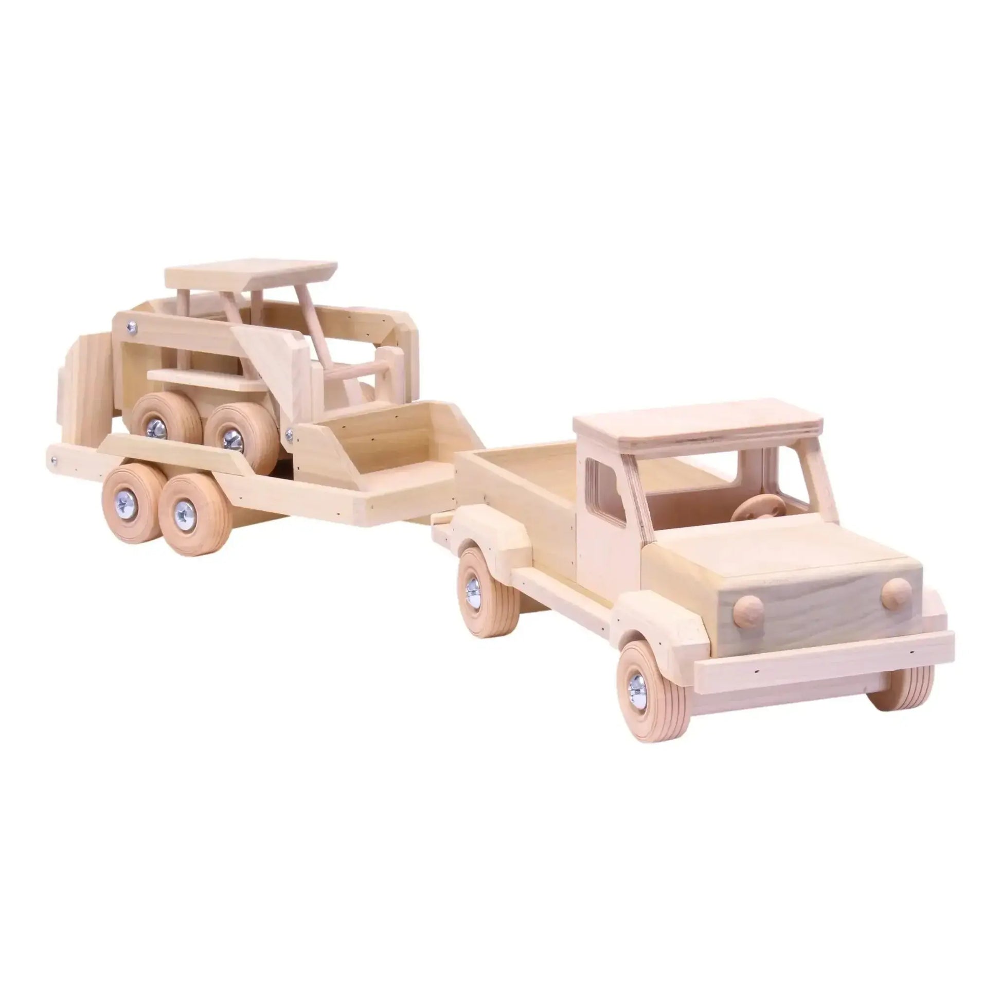 Wooden Toy Pickup Truck and Flatbed Trailer with Skidloader Set - ToylandEU