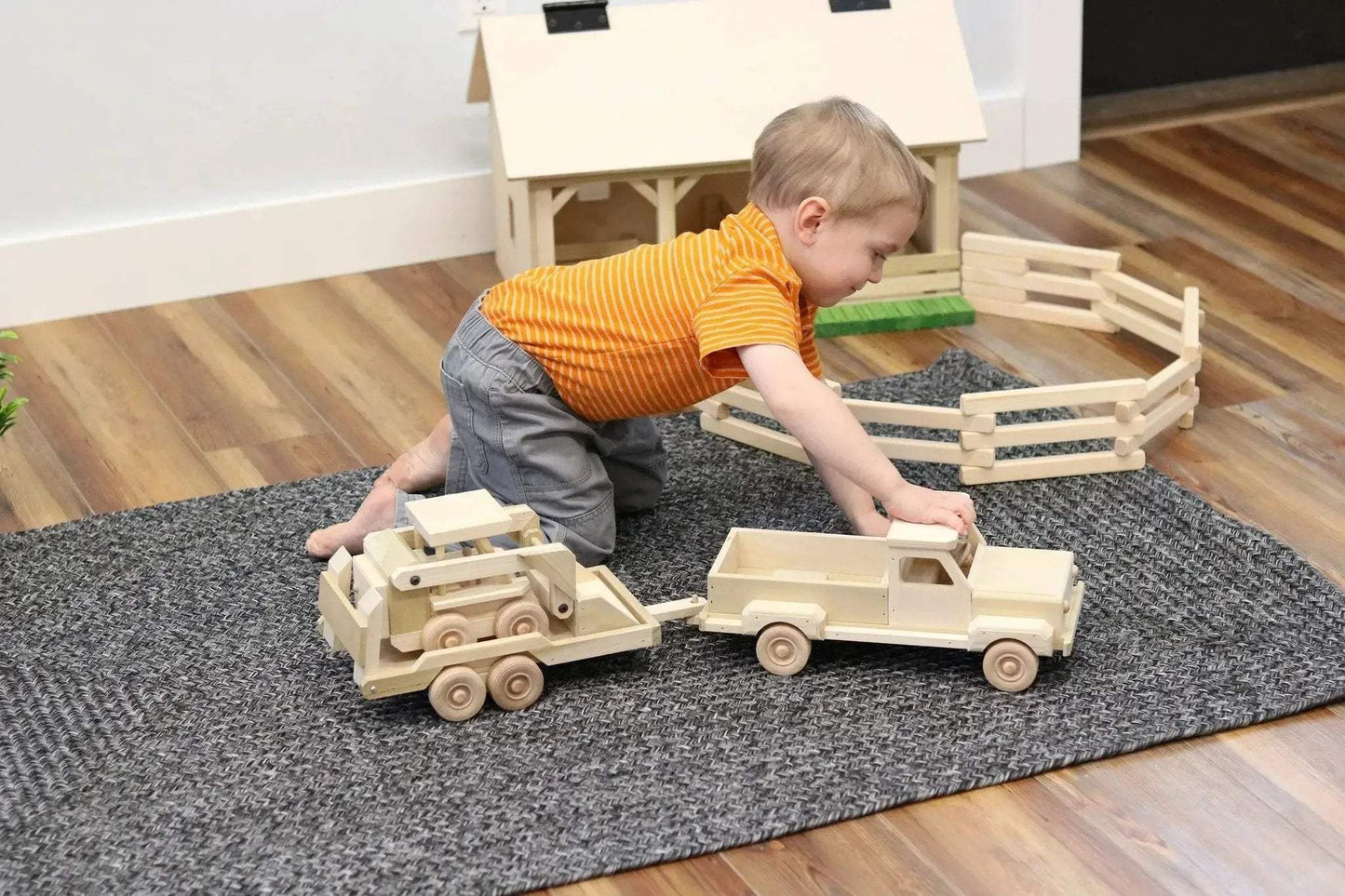 Wooden Toy Pickup Truck and Flatbed Trailer with Skidloader Set - ToylandEU