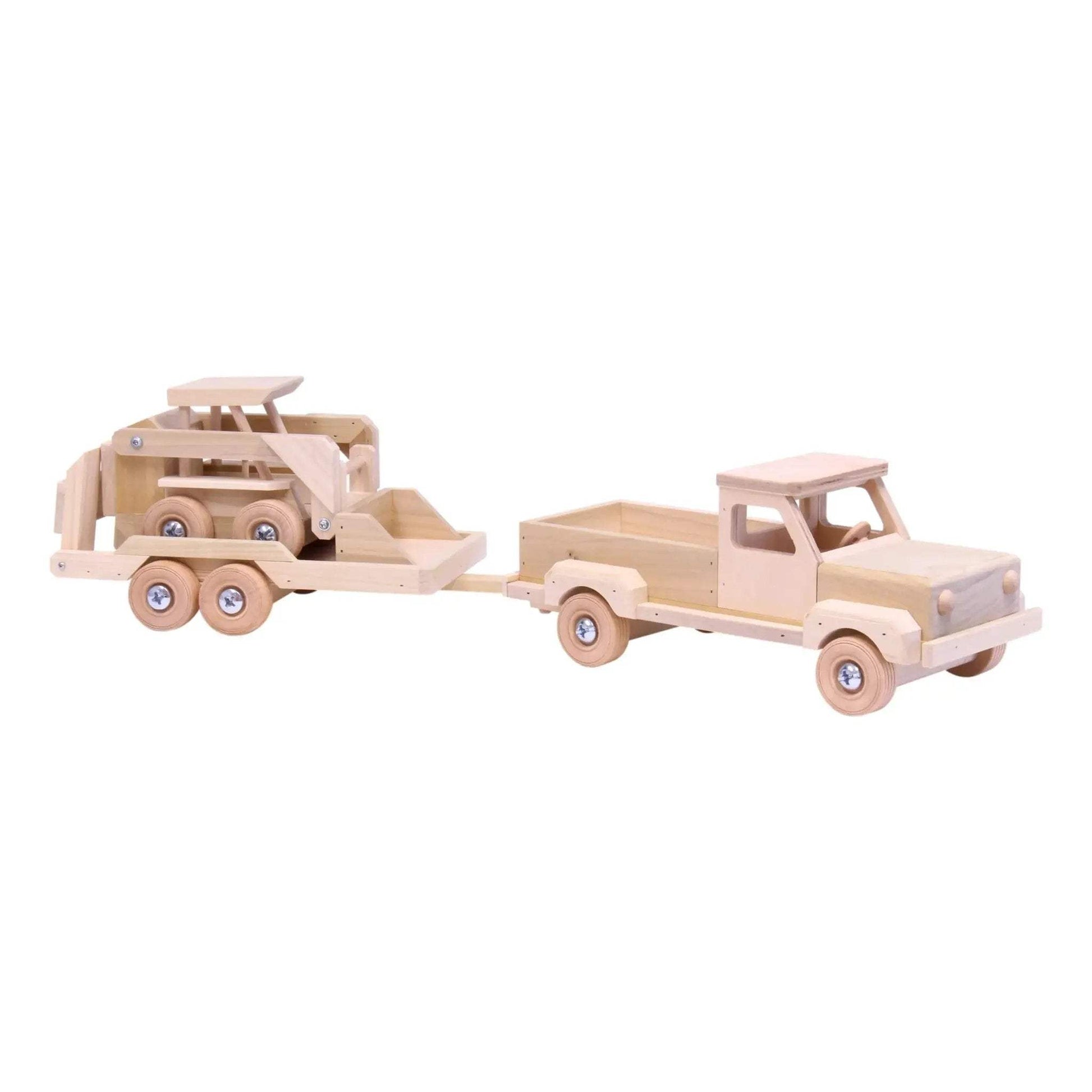 Wooden Toy Pickup Truck and Flatbed Trailer with Skidloader Set - ToylandEU
