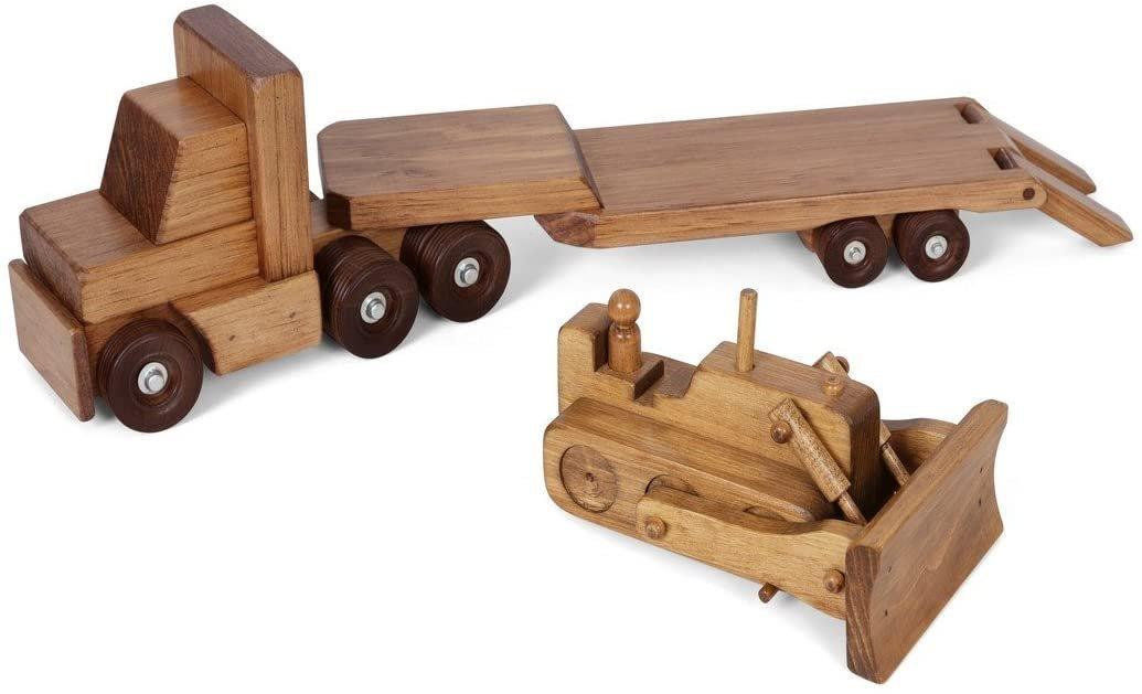 Wooden Toy Truck Amish Made Flatbed Trailer Bulldozer