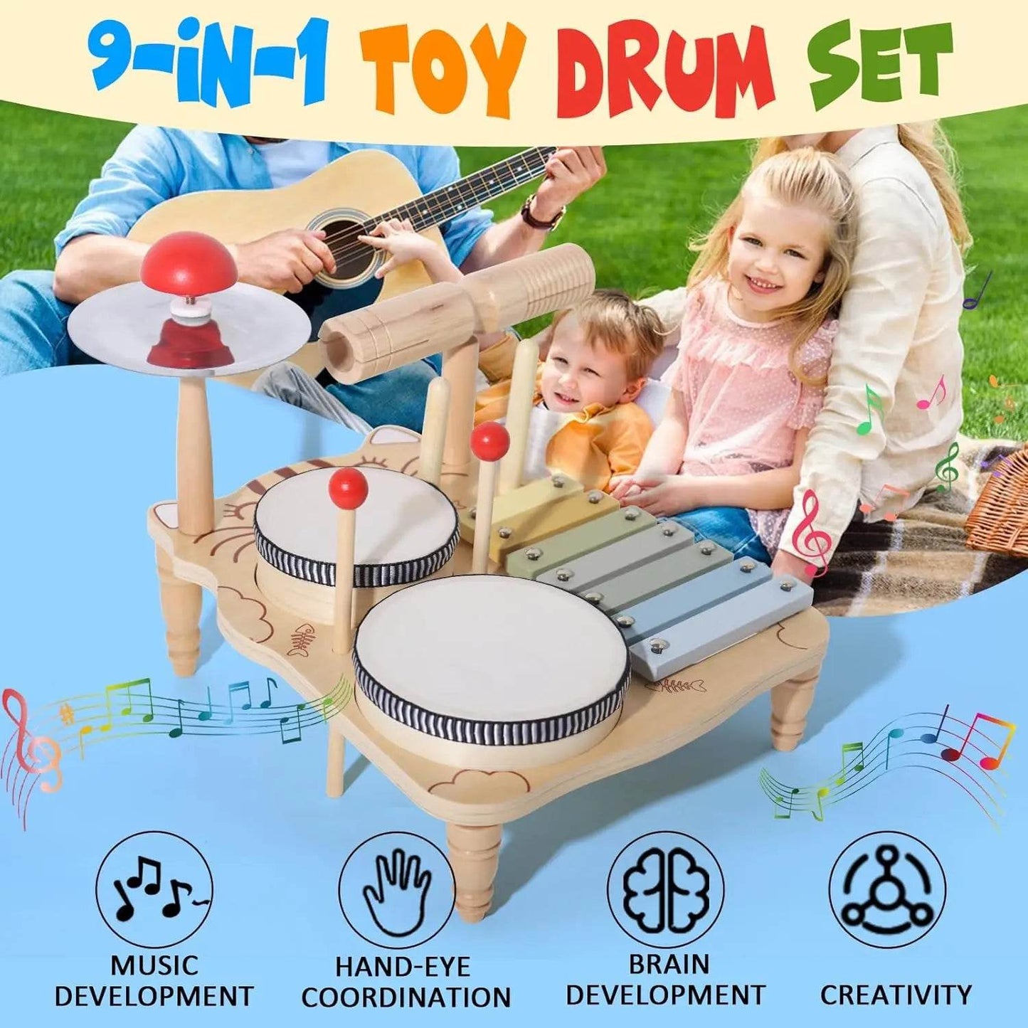 Wooden Xylophone Drum Set For Toddlers Montessori Baby Musical Instruments Toys Drum Set Percussion Instruments Musical Toys - ToylandEU