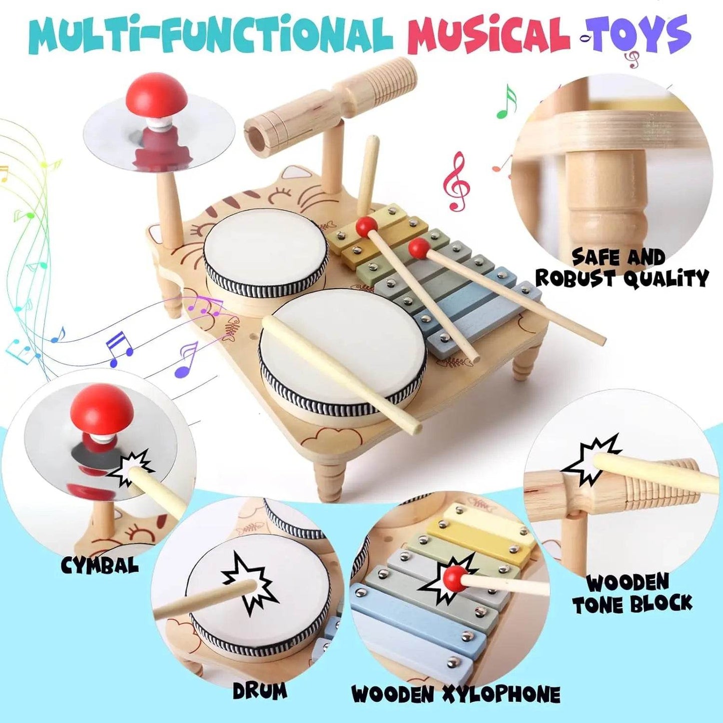 Wooden Xylophone Drum Set For Toddlers Montessori Baby Musical Instruments Toys Drum Set Percussion Instruments Musical Toys - ToylandEU