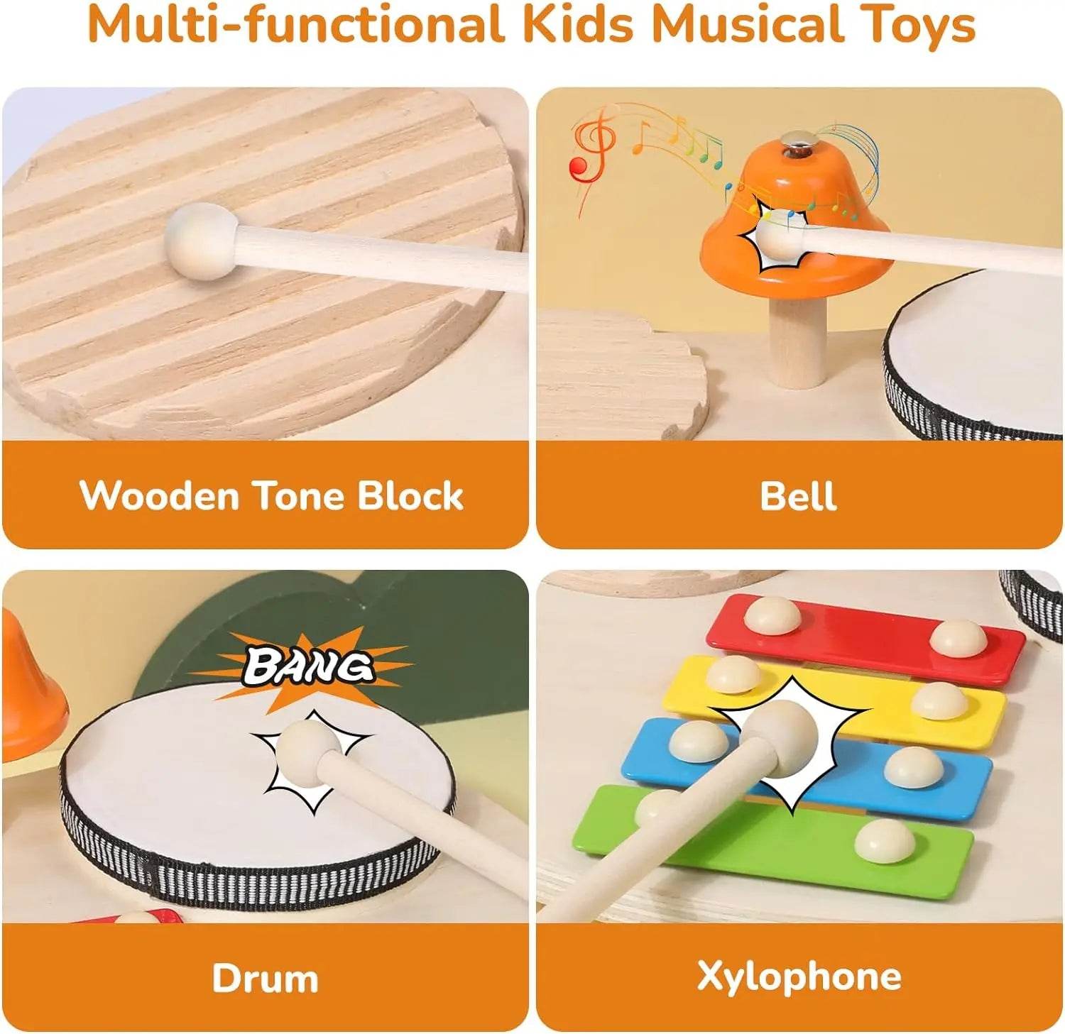 Wooden Xylophone Drum Set For Toddlers Montessori Baby Musical Instruments Toys Drum Set Percussion Instruments Musical Toys - ToylandEU