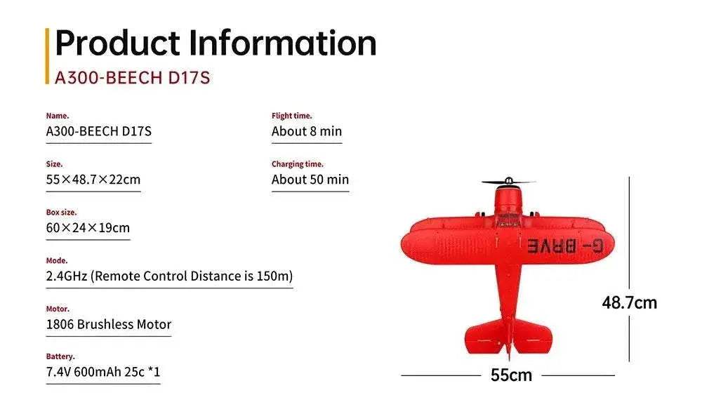  XK A300-Beech D17S 4CH 3D Fixed Wing RC Airplane RTF -  ToylandEU™