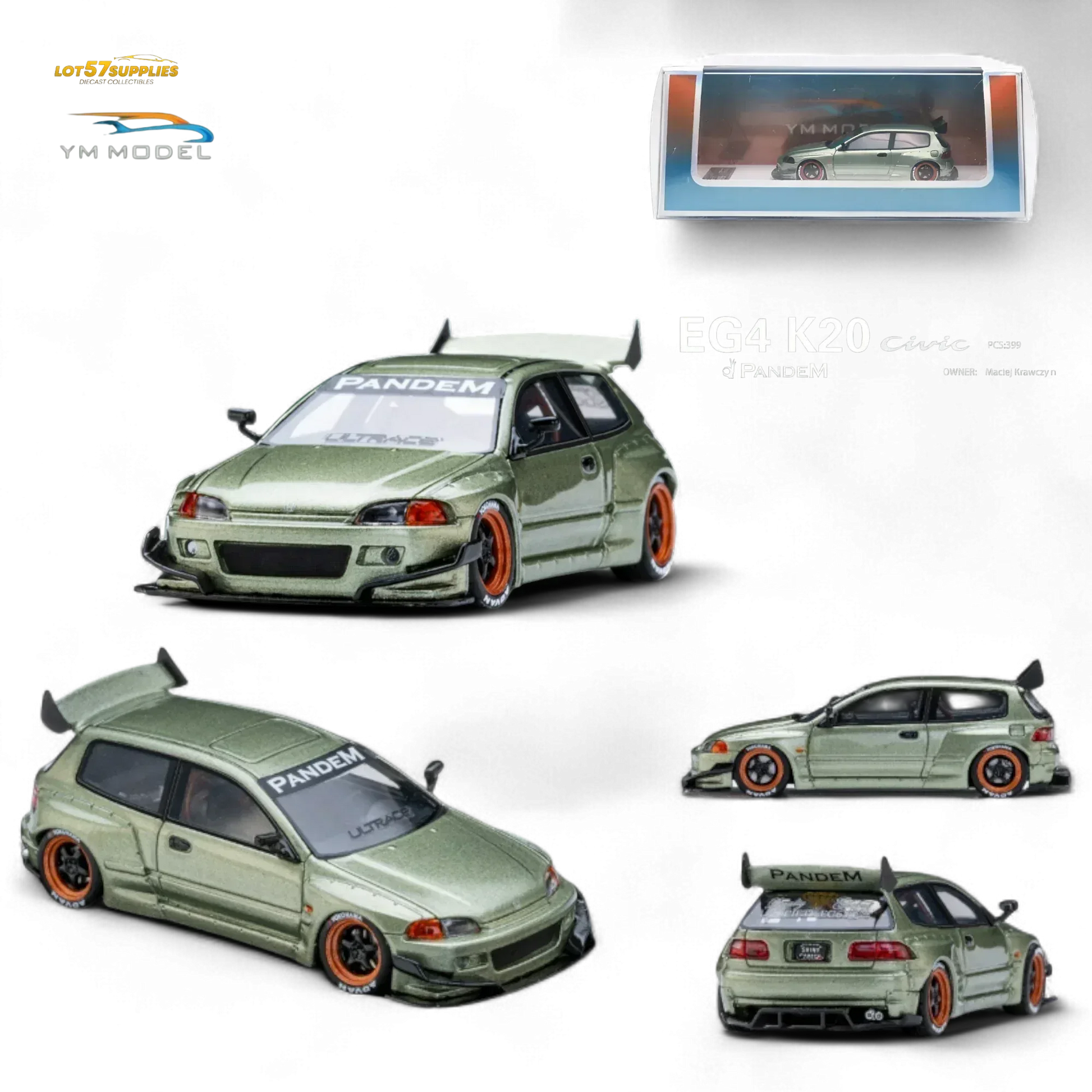 YM Model Honda Civic Pandem EG4 K20 Modified Bronze Green 1:64 Limited to 399 PCS - ToylandEU