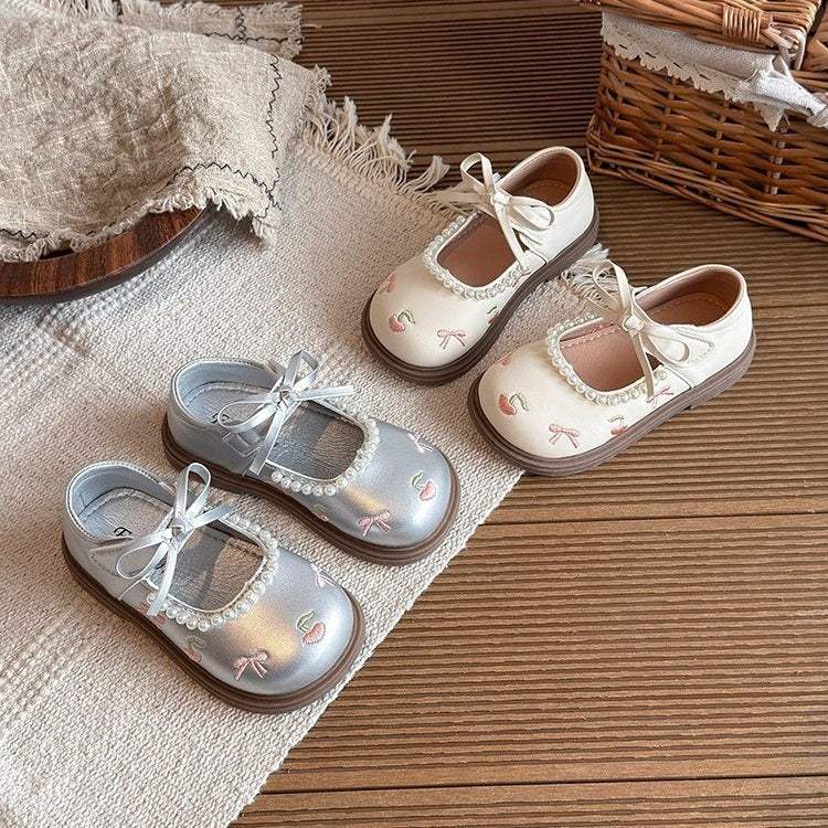 Girls' Pearl Bow Leather Shoes | PU Leather Upper | Rubber Sole | Spring & Autumn