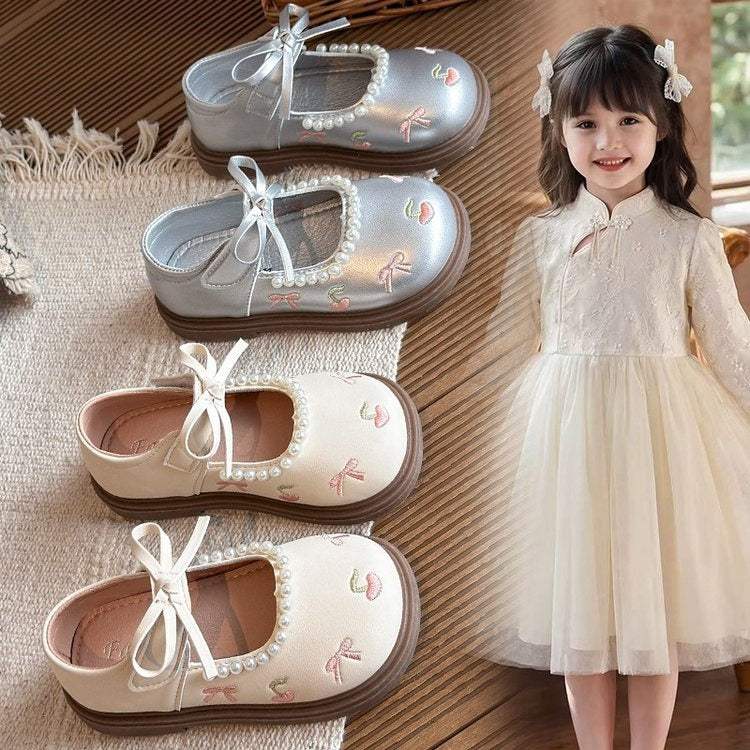 Girls' Pearl Bow Leather Shoes | PU Leather Upper | Rubber Sole | Spring & Autumn