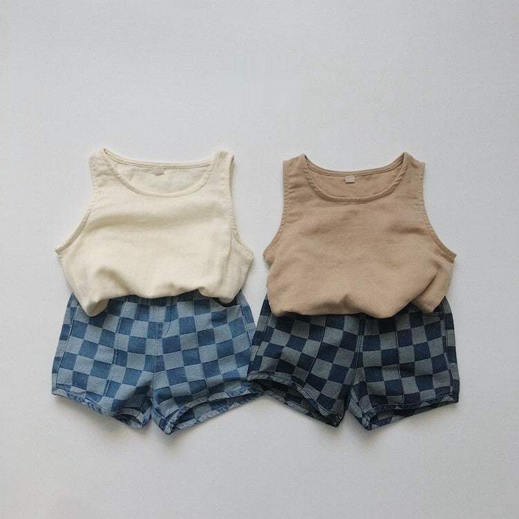 Kids' Retro Plaid Casual Shorts | Light And Dark Blue | Unisex | 80-130 cm